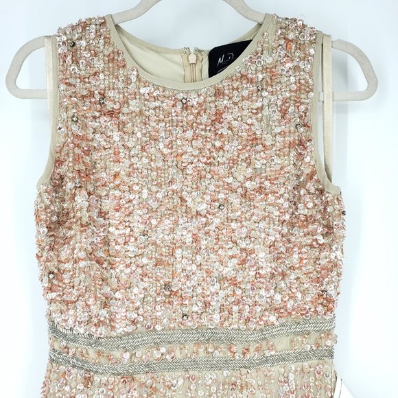 Mac Duggal 10509 Beaded Sequin Banded Sheath Midi Dress Nude Size 4 worn 1 time - Picture 4 of 11